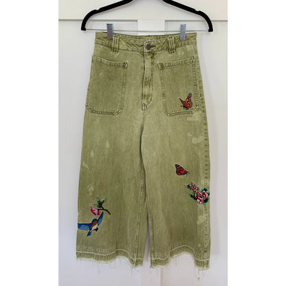 We The Free Wide Leg Jeans in Army Green Sz 26 Denim Ultra High Rise Embroidered