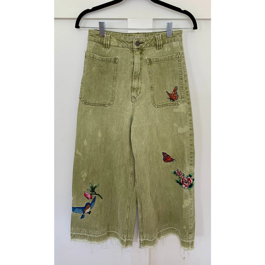 We The Free Wide Leg Jeans in Army Green Sz 26 Denim Ultra High Rise Embroidered