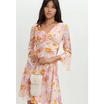 Maje Flower Power Print Satin Dress Size 40 Knee Length Long Sleeve Tasseled