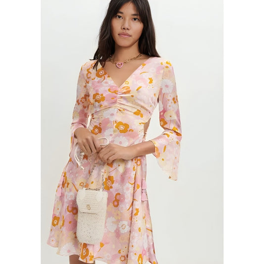 Maje Flower Power Print Satin Dress Size 40 Knee Length Long Sleeve Tasseled