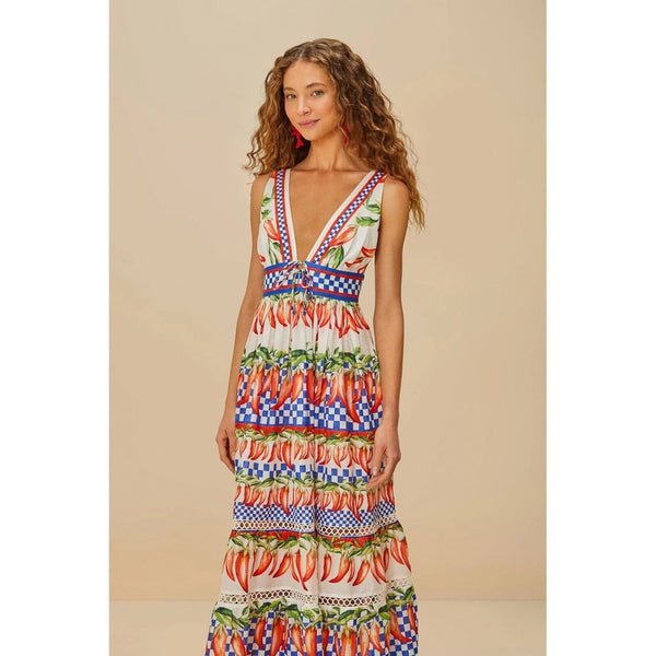 Farm Rio Pepper Print Maxi Dress V Neck Sleeveless Tiered Ruffle XL