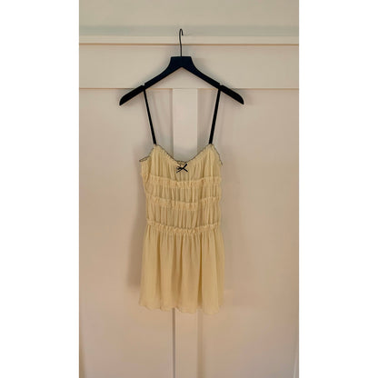 Zara Mini Dress in Cream Small Textured Tiered Tie Bow Sleeveless Ruched Summer