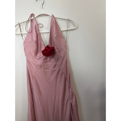 Bardot Aradia Pink Silk Halter Neck Maxi Dress Red Rose Accent