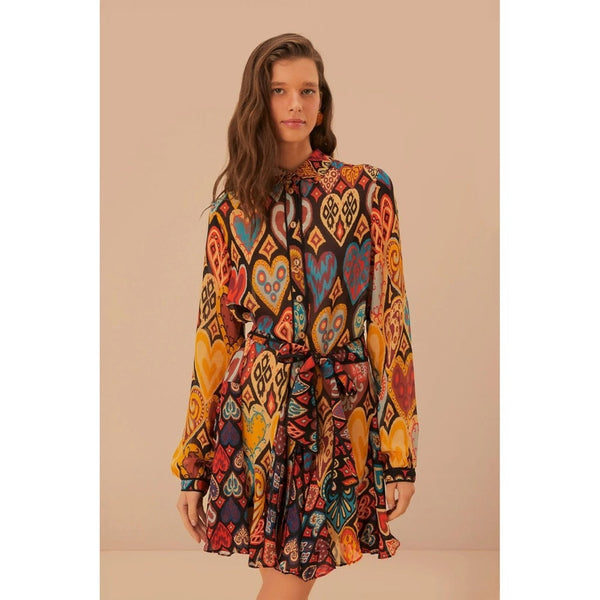 FARM Rio Heart Print Long Sleeve Belted Mini Dress XS