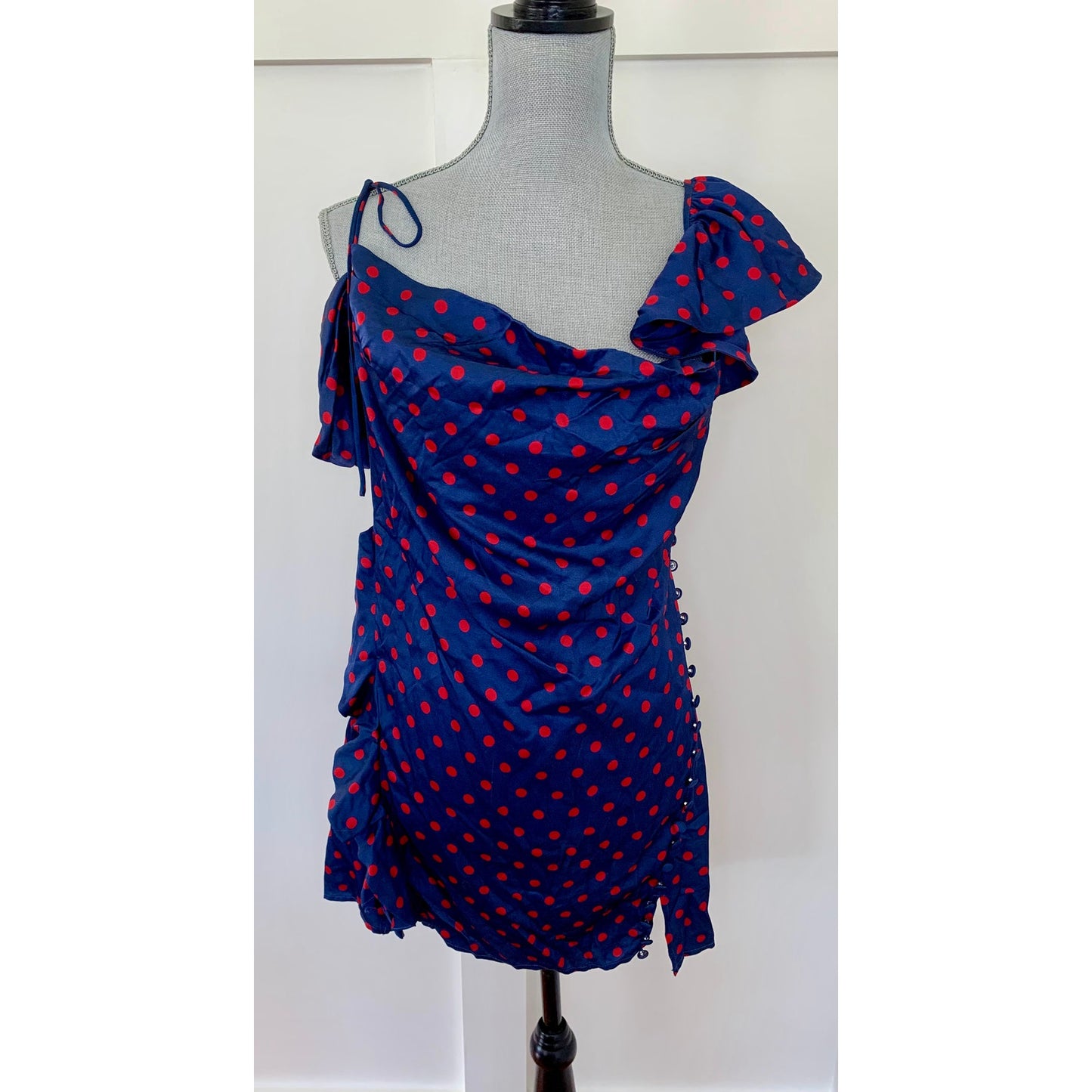 For Love & Lemons Dolores Mini Dress in Blue Size XL Polka Dots Off Shoulder