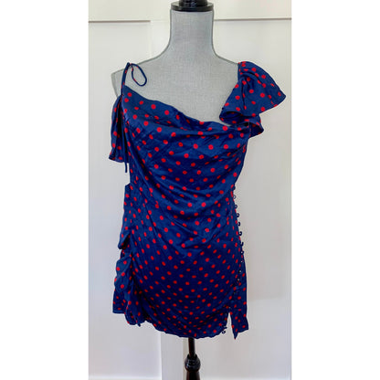 For Love & Lemons Dolores Mini Dress in Blue Size XL Polka Dots Off Shoulder