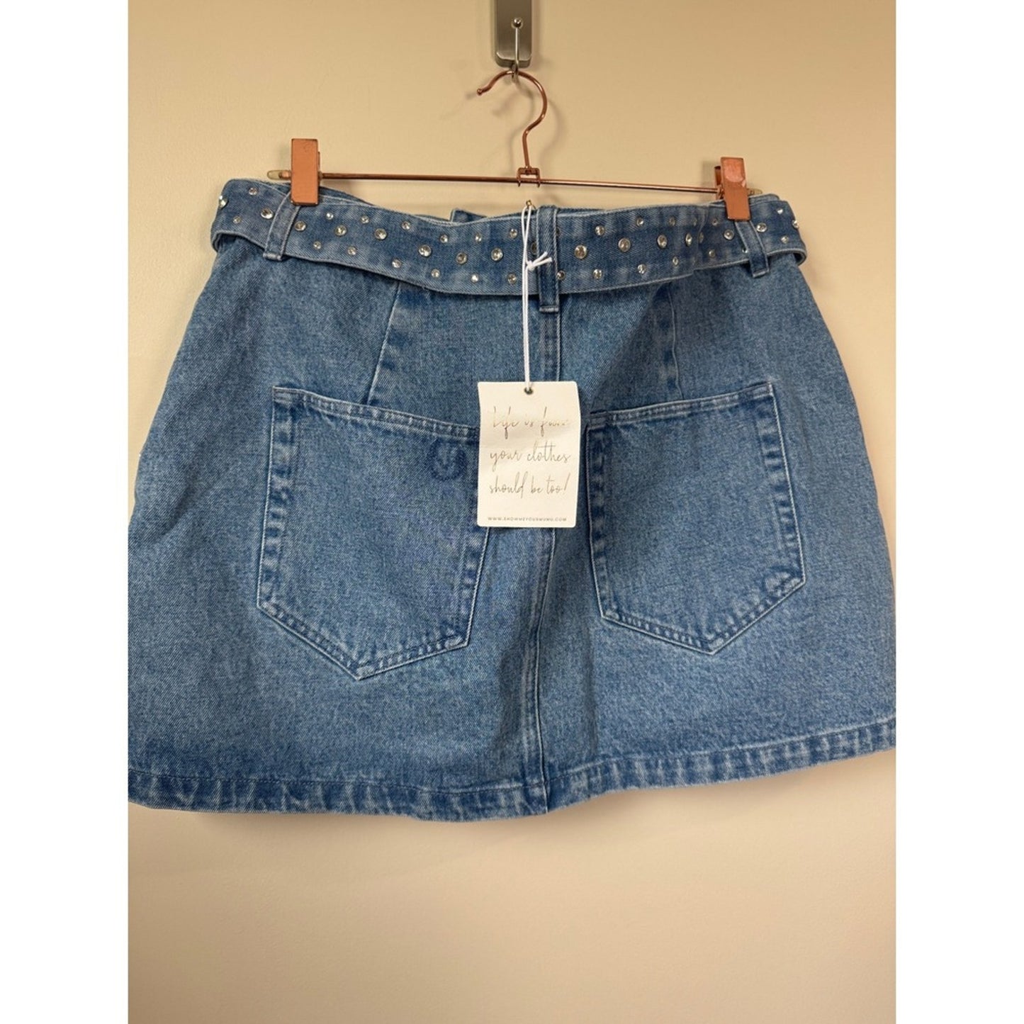 Show Me Your Mumu Denim Mini Skirt Rhinestone Belted Blue Western Women Large