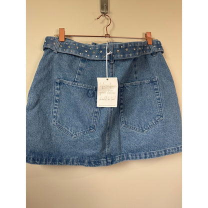 Show Me Your Mumu Denim Mini Skirt Rhinestone Belted Blue Western Women Large