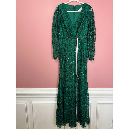 NEW NWT Mac Duggal Embellished Wrap Over Long Sleeve Gown Green Style 68016 Size 6