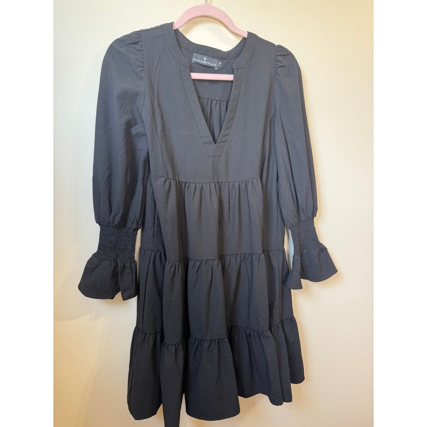 Pomander Place Black Tiered Mini Dress Long Puff Sleeve Smocked Cuff XS