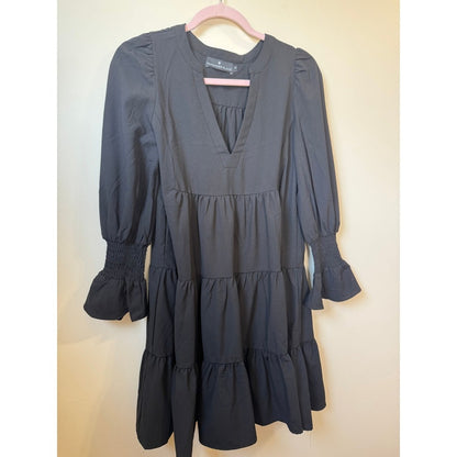Pomander Place Black Tiered Mini Dress Long Puff Sleeve Smocked Cuff XS