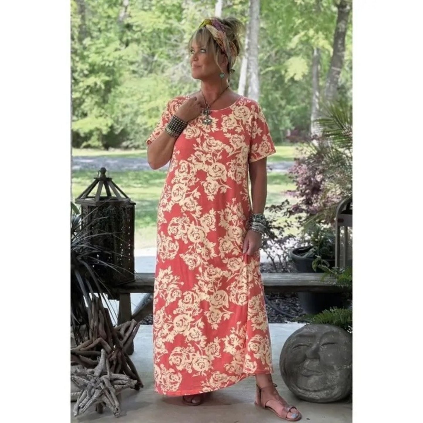 Jaded Gypsy Weekend Wanderer Maxi Dress Pink Rose Print Short Sleeve Boho