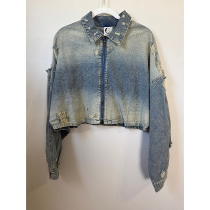 Jaded Gypsy Distressed Cropped Denim Jacket Ombre Blue Star Patch Zip Front Mens
