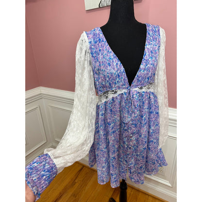 For Love & Lemons April Mini Dress Multicolor Floral Medium Long Sleeve V-Neck