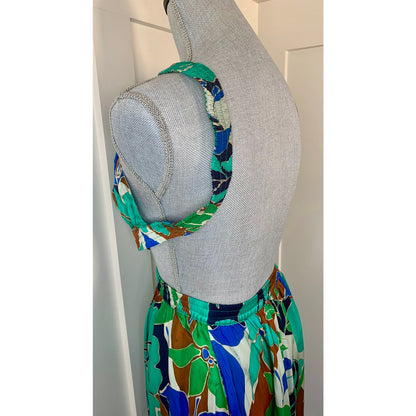Cult Gaia Theia Dress in Botanic Aqua Silk Voile Sz XL Floral Sleeveless Cutout