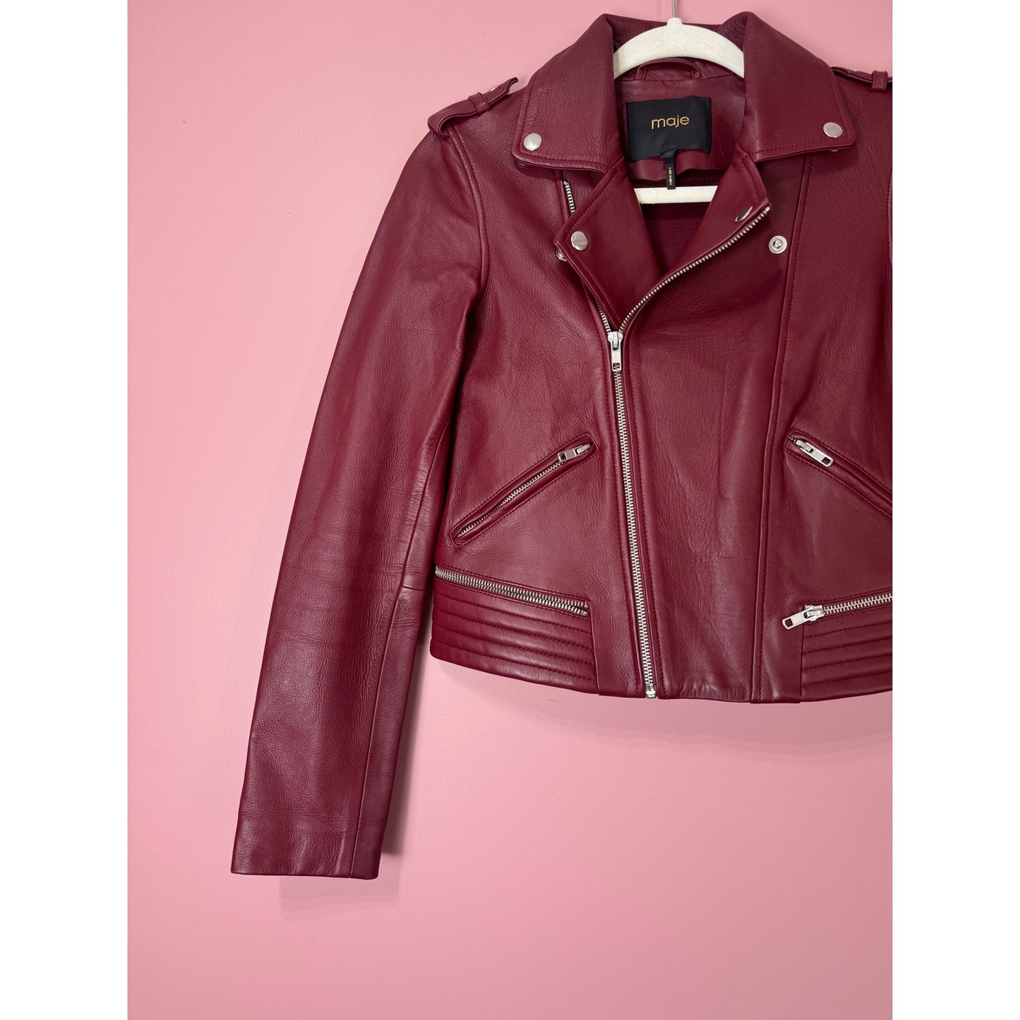 Maje Burgundy Lamb Leather Moto Jacket Size 36/Small