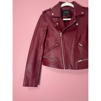 Maje Burgundy Lamb Leather Moto Jacket Size 36/Small