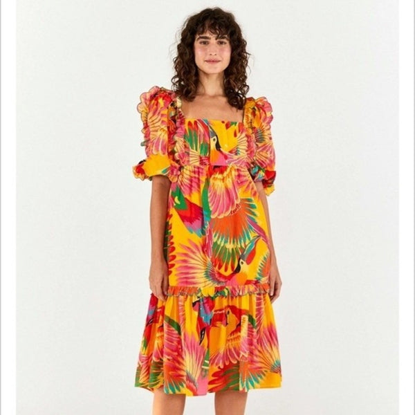 Farm Rio Yellow Tropical Toucan Print Puff Sleeve Ruffle Midi Dress Size L