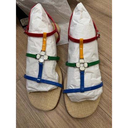 Larroude Hannah Flat Sandals Multicolor Patent Leather Strappy Floral Hardware