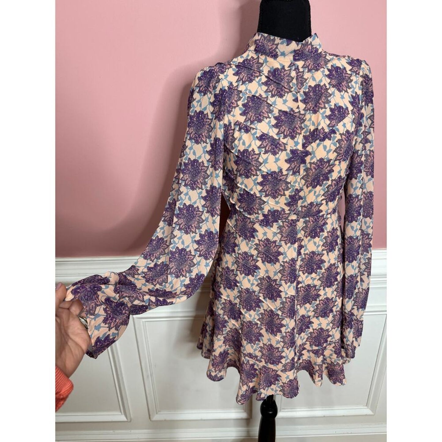 For Love & Lemons Clover Mini Dress in Lilac Print Small Long Sleeve‎ Backless