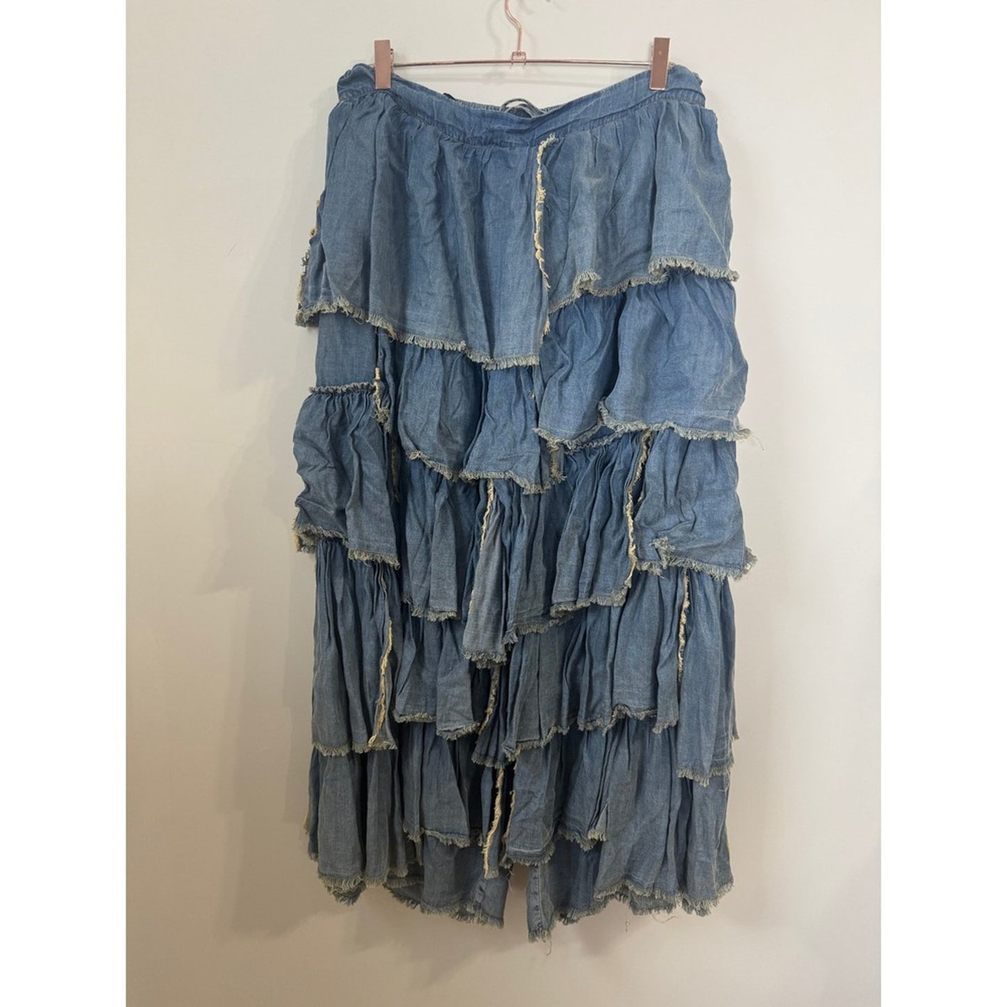 Jaded Gypsy Blue Denim Tiered Ruffle Wide Leg Pants Frayed Boho S/M