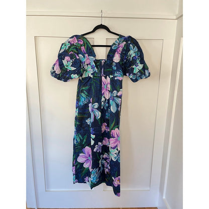 Farm Rio Maxi Dress Blue Floral Square Neck Puff Sleeve Midi M