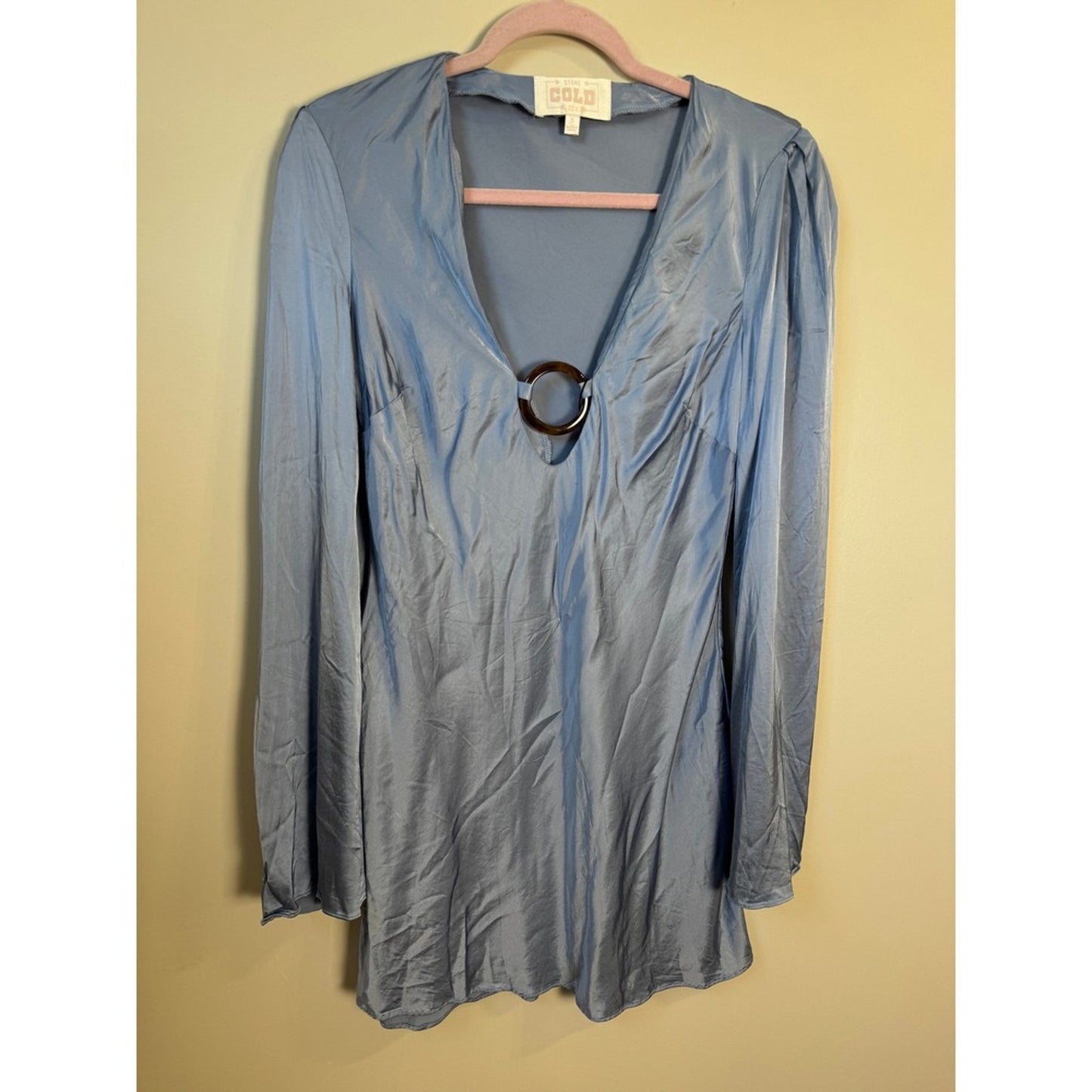 STONE COLD FOX Blue Satin Ring Detail Long Sleeve Mini Dress