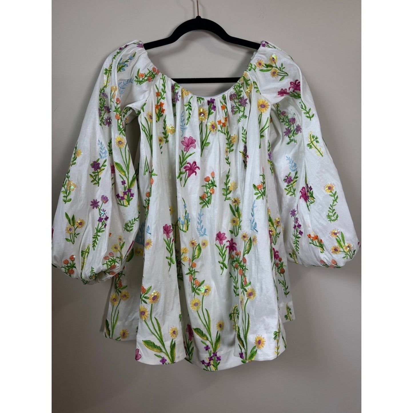 Show Me Your Mumu Wildflower Embroidered Sequin Off Shoulder Mini Dress White XS