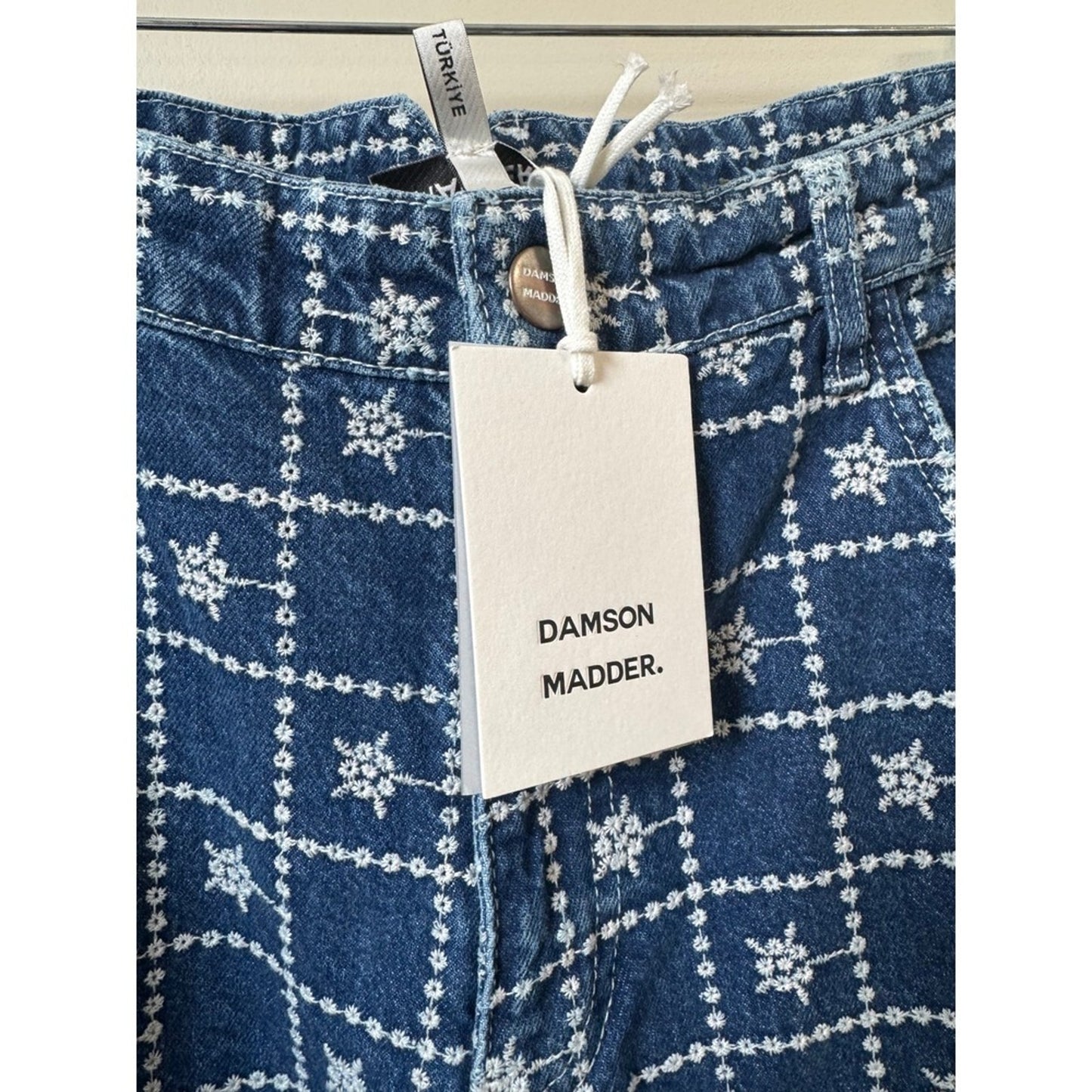 Damson Madder Blue Embroidered Floral Grid Cargo Jeans Wide Leg NWT