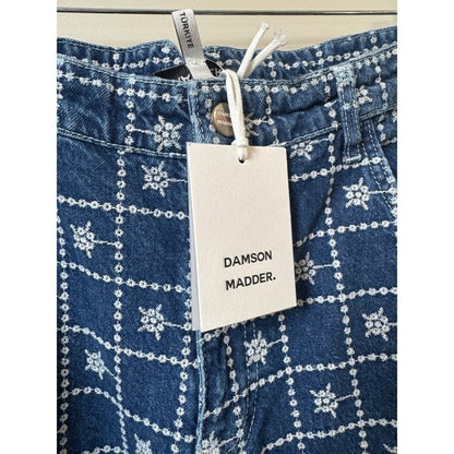 Damson Madder Blue Embroidered Floral Grid Cargo Jeans Wide Leg NWT