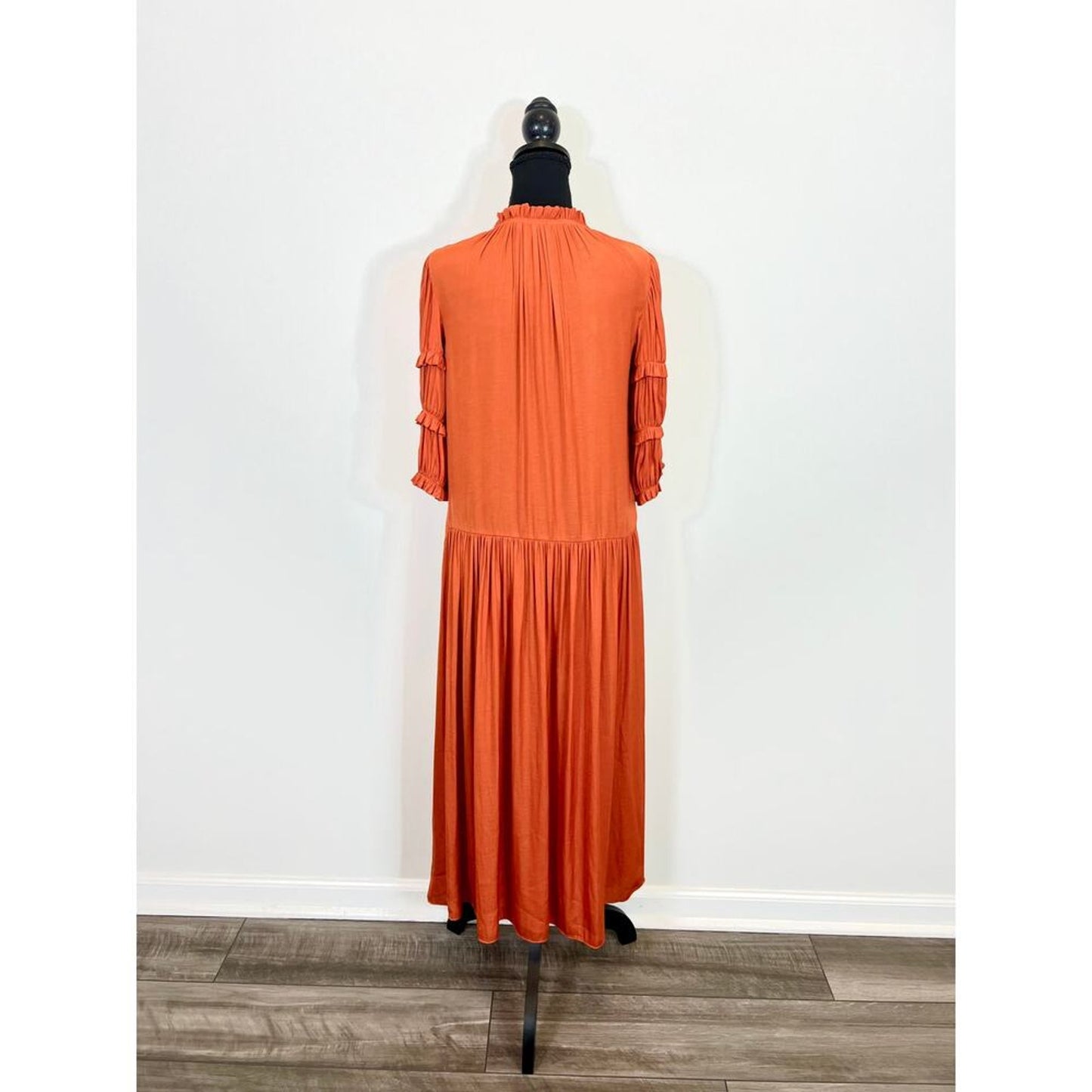 Rebecca Taylor Women's Pleated Sleeve Dress in Orange Size XS Midi A-Line V-Neck