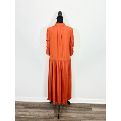 Rebecca Taylor Women's Pleated Sleeve Dress in Orange Size XS Midi A-Line V-Neck