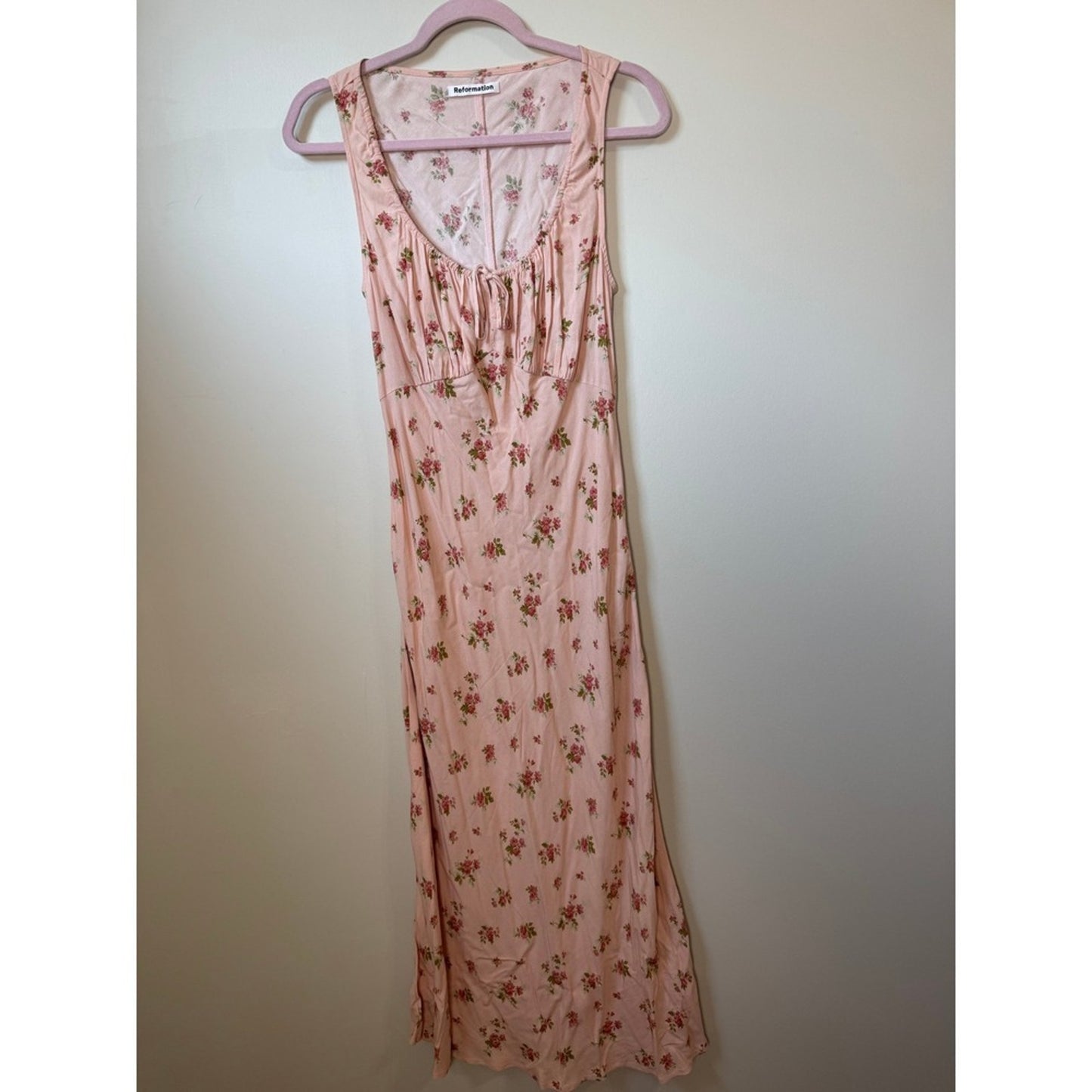 Reformation Pink Floral Midi Dress Milkmaid Gathered Bust Sleeveless Slit Pink