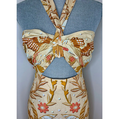 Farm Rio Jungle Chic Sand Midi Dress Large Floral Halter Tasseled Cutout Front