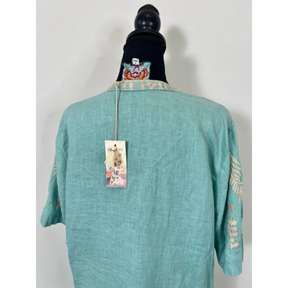 Johnny Was Sidra Top in Marine Blue Small V-Neck Embroidered Floral Linen‎ Boho