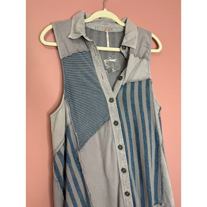 Free People Santana Denim Patched Mini Dress in Blue Small Striped Sleeveless