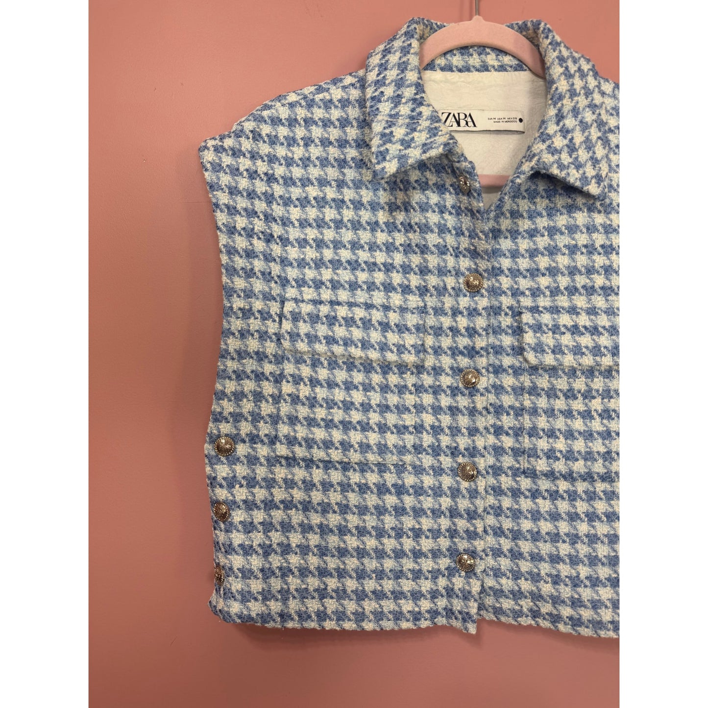 NEW Zara Blogger Fave Blue Tweed Houdstooth Vest Silver Buttons Size Medium