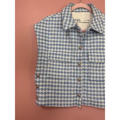 NEW Zara Blogger Fave Blue Tweed Houdstooth Vest Silver Buttons Size Medium