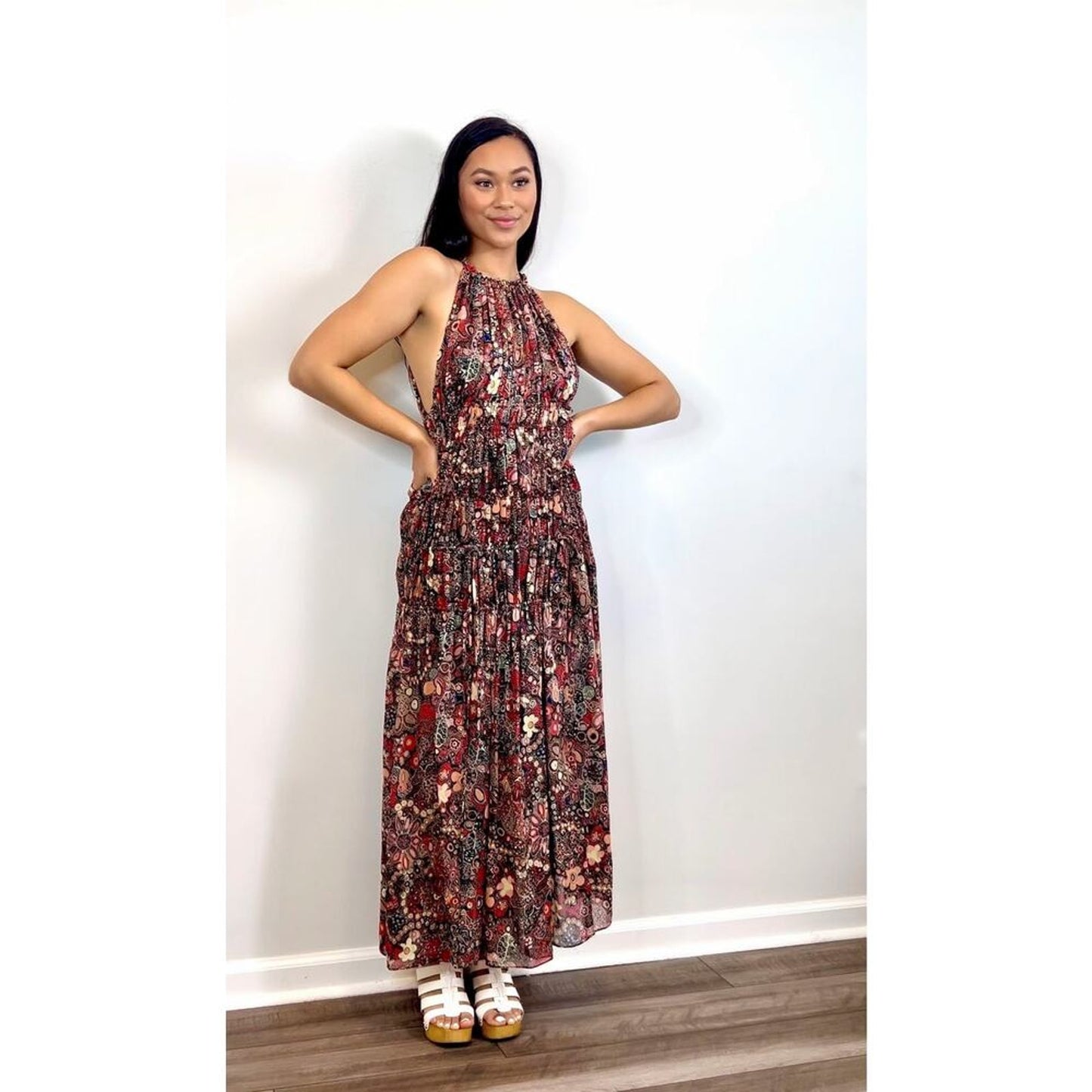 A.L.C.‎ Laura Halter Tiered Printed Maxi Dress One Size Sleeveless Colorful
