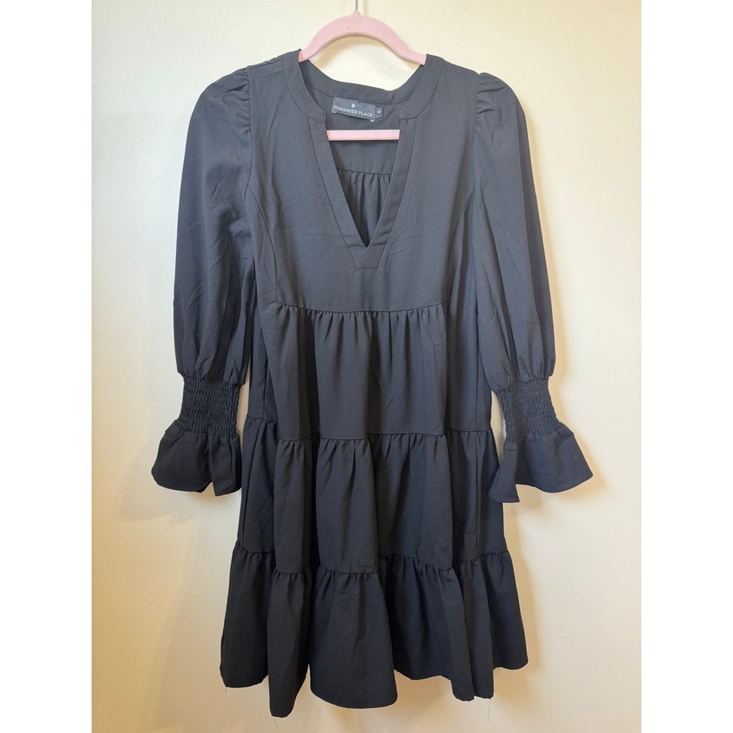 Pomander Place Black Tiered Mini Dress Long Puff Sleeve Smocked Cuff XS