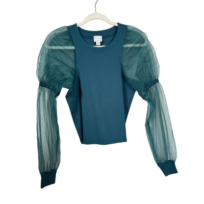 Maeve Anthropologie Teal Sheer Tulle Puff Sleeve Knit Top Crew Neck XS New