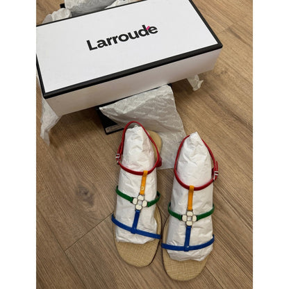 Larroude Hannah Flat Sandals Multicolor Patent Leather Strappy Floral Hardware