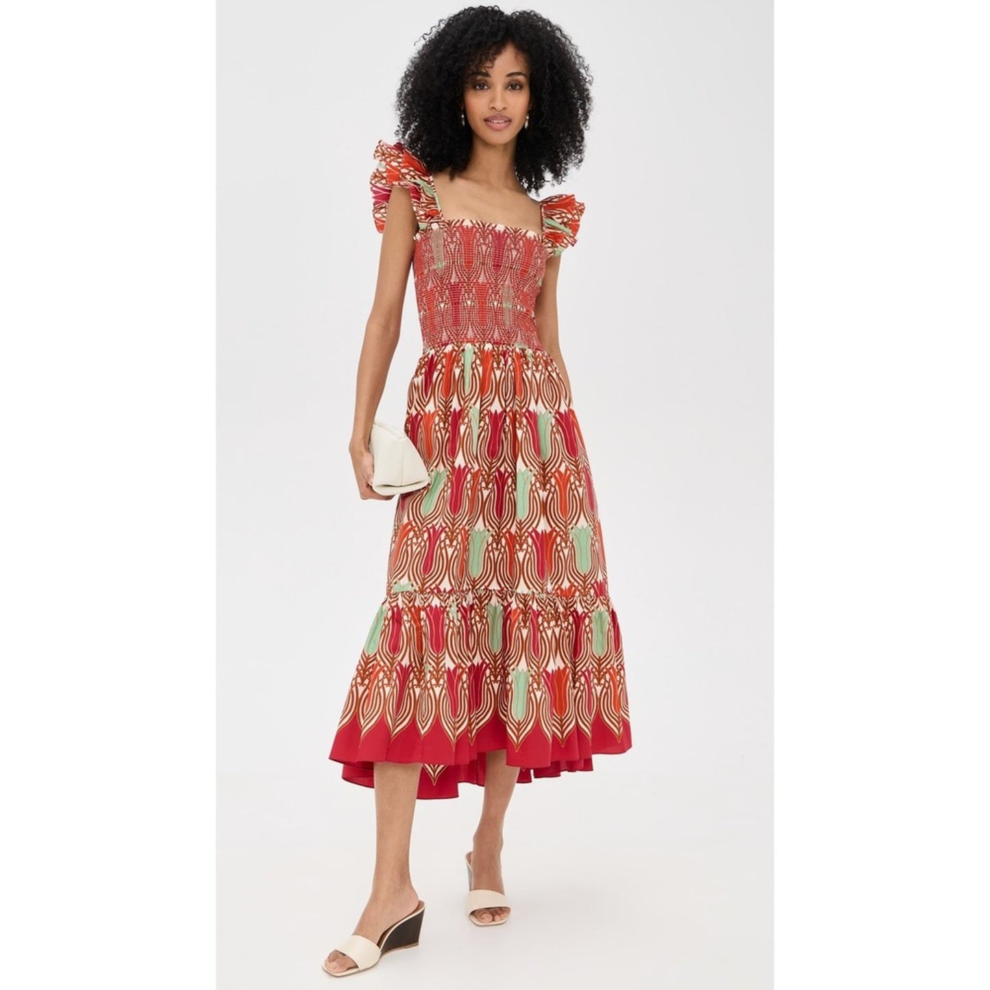 Cara Cara Smocked Midi Dress Red Tulip Print Ruffle Strap Tiered NWT