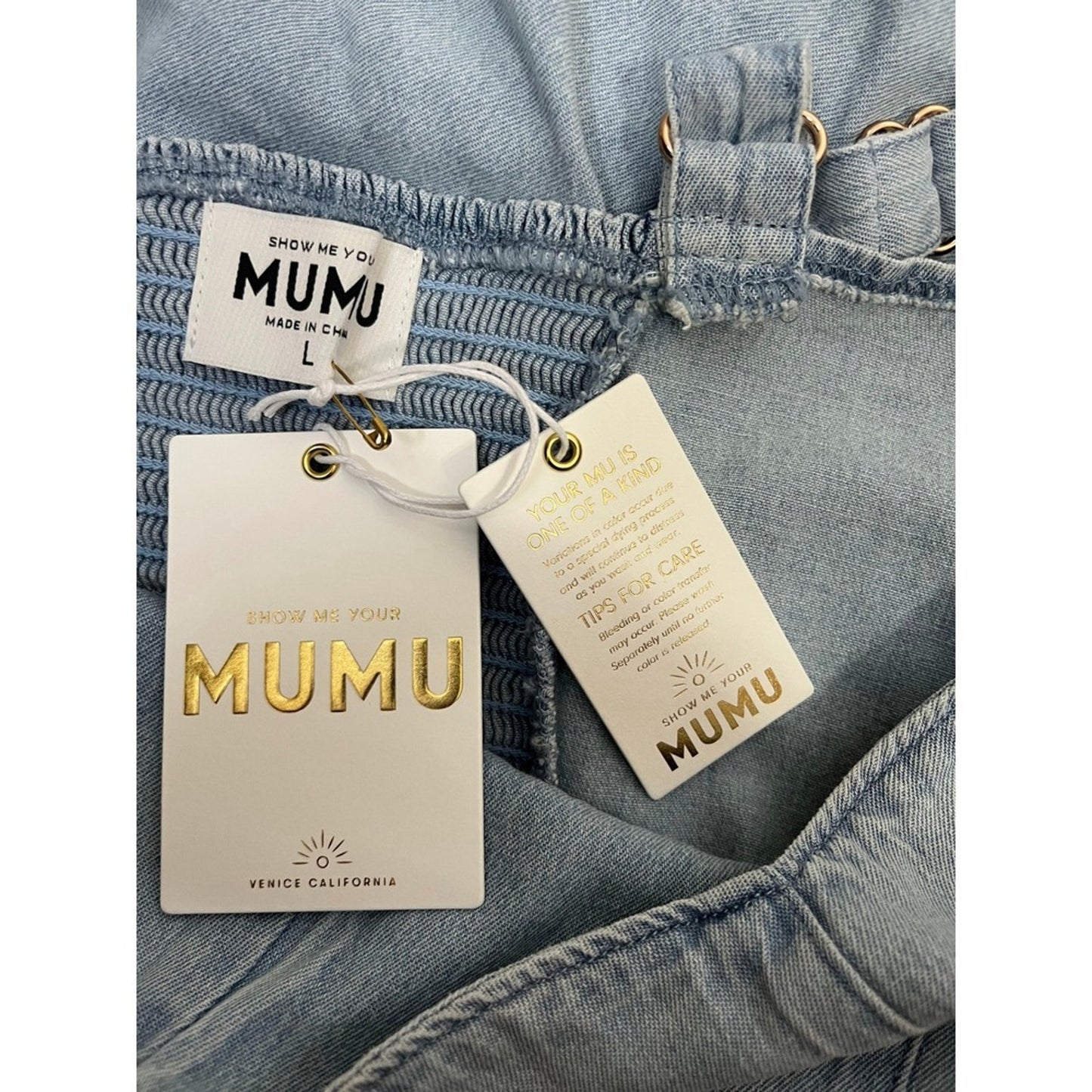 NEW NWT Show Me Your Mumu Lainey Midi Dress Dew Drop Denim Tiered Belted Large
