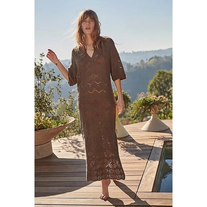 Free People Beach Islamorada Fauxchet Sweater Maxi Dress Brown Medium 3/4 Sleeve