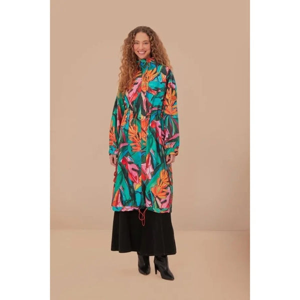 FARM Rio Long Windbreaker Jacket Tropical Botanical Print Drawstring Hooded XL
