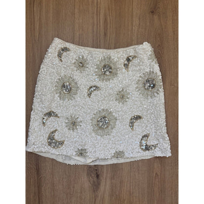 Show Me Your Mumu Celestial Sun Moon Sequin Beaded White Mini Skirt Silver