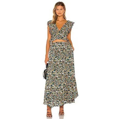 Free People Floral Two Piece Set Crop Top High Low Maxi Skirt XS Navy Yellow
