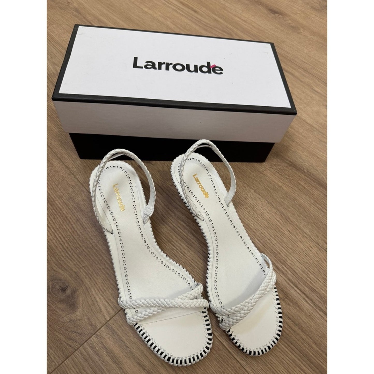 Larroude White Leather Braided Slingback Kitten Heel Sandals Whipstitch Trim