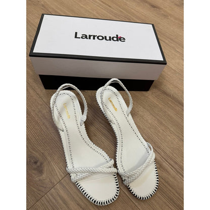 Larroude White Leather Braided Slingback Kitten Heel Sandals Whipstitch Trim